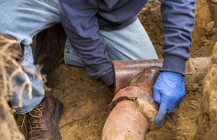 Closeup shot of man digging tree roots out of an old ceramic sewer pipe in a hole in the ground, pointing at the area where tree roots have invaded the joint in the pipe.